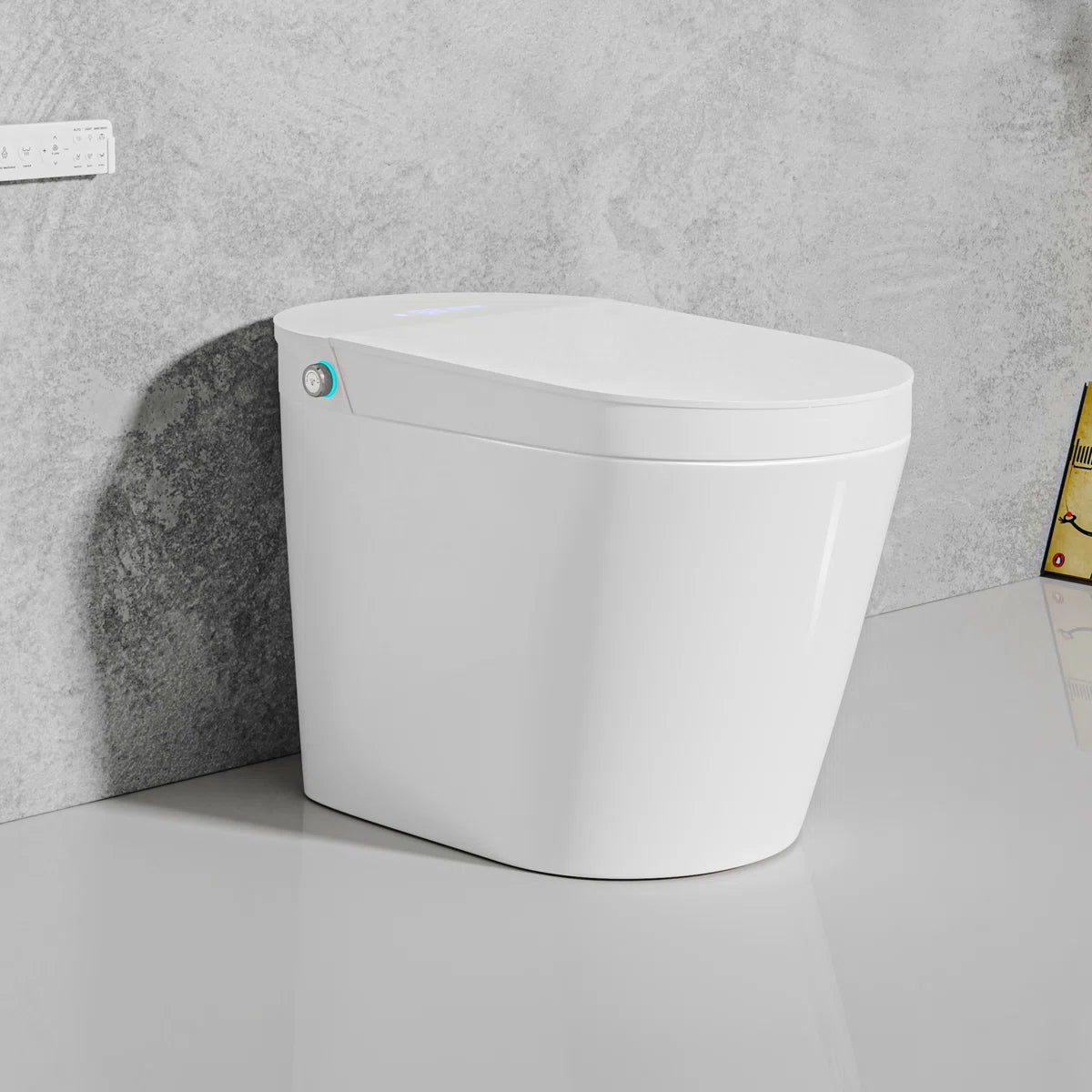 White ceramic one-piece smart toilet with side control button and top digital display, modern bathroom fixture.#color_white