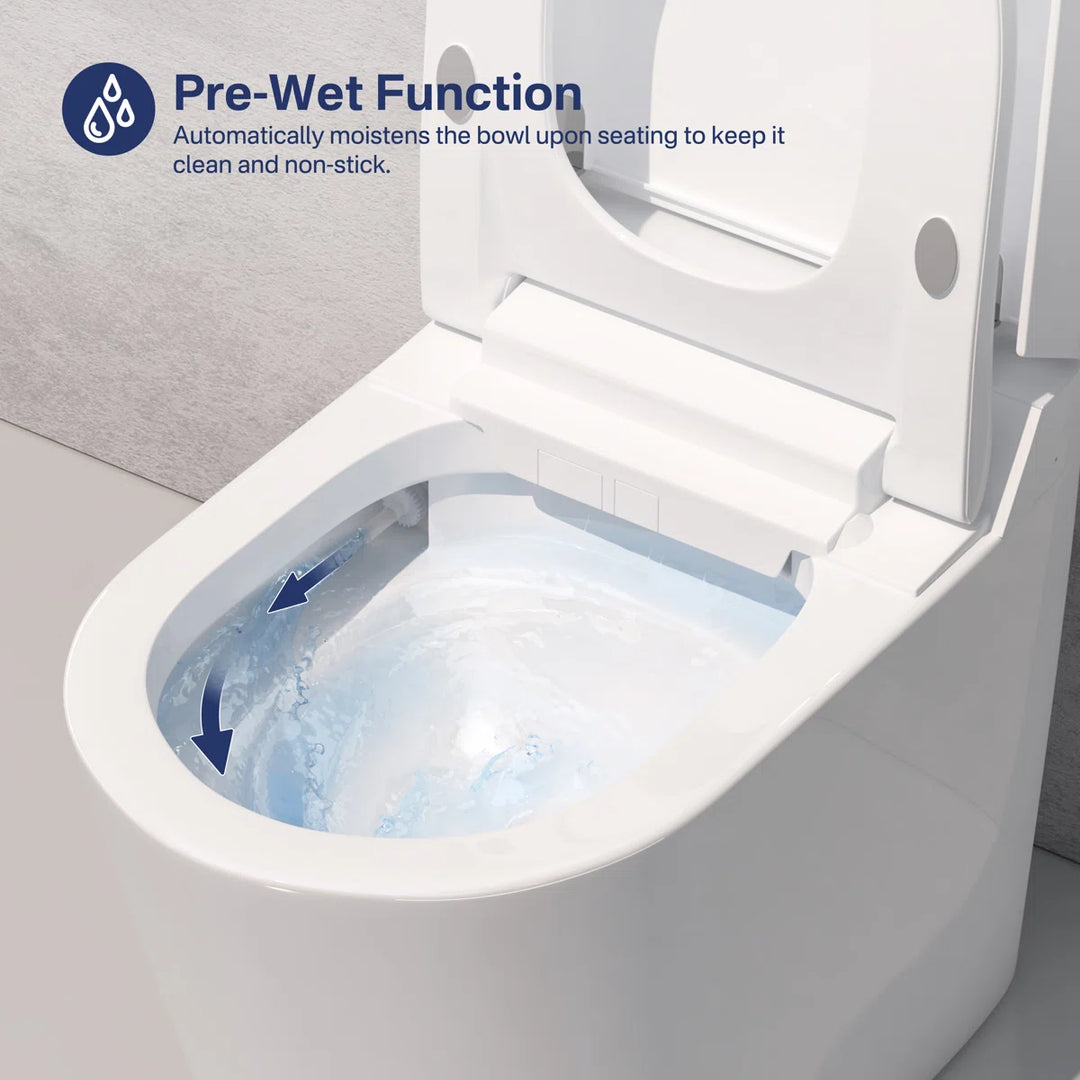 White ceramic smart toilet with pre-wet function that automatically moistens the bowl for non-stick cleaning.