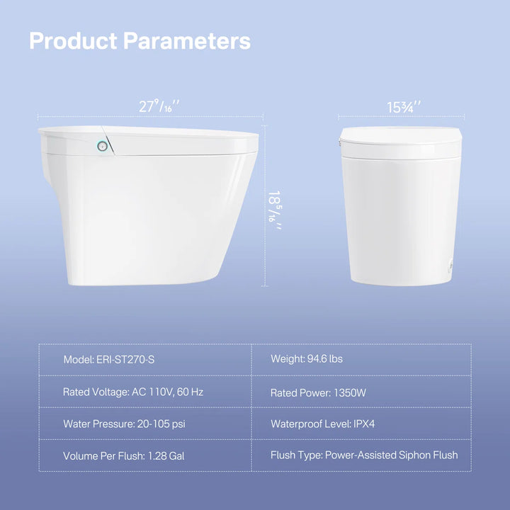 ERIDANUS ERI-ST270-S white ceramic smart toilet with side/front dimensions and product parameters including IPX4 waterproof and power-assisted siphon flush.