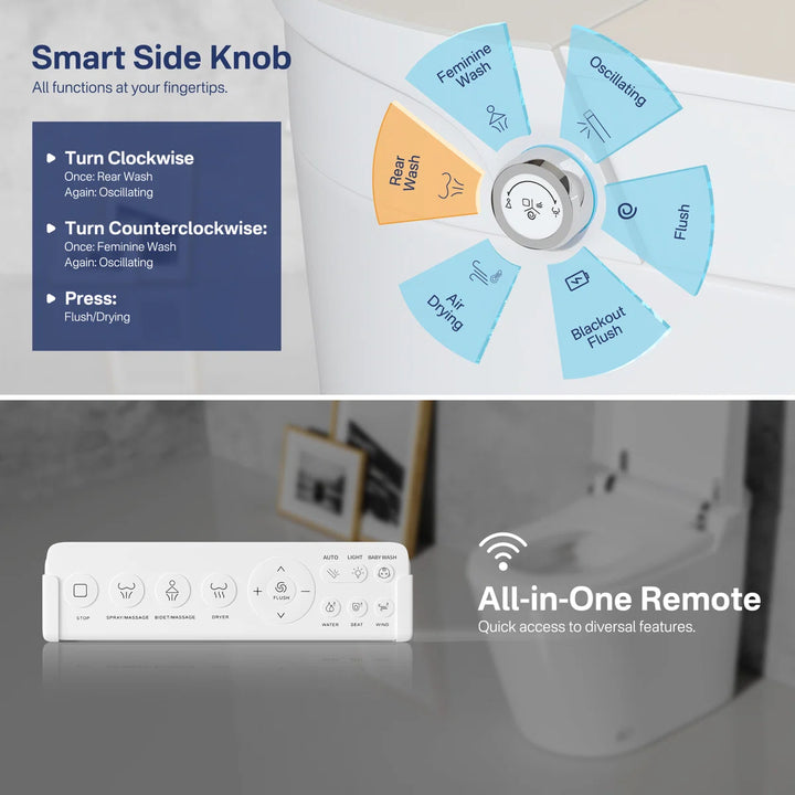 White smart toilet control system: Smart Side Knob and all-in-one remote with wash, dry, flush functions