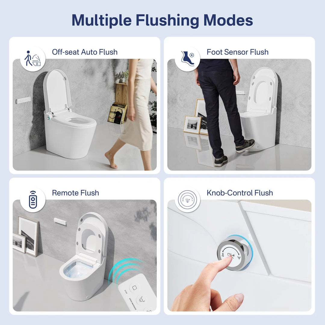 White ceramic smart toilet with multiple flushing modes: off-seat auto, foot sensor, remote and knob-control flush.