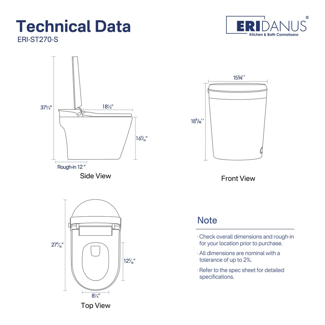 ERIDANUS ERI-ST270-S smart toilet technical dimension drawings with side, front and top view measurements.