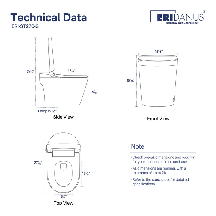 ERIDANUS ERI-ST270-S smart toilet technical dimension drawings with side, front and top view measurements.