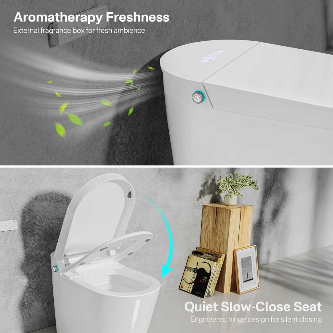 White ceramic one-piece smart toilet with aromatherapy freshness, quiet slow-close seat, side control button and top digital display.