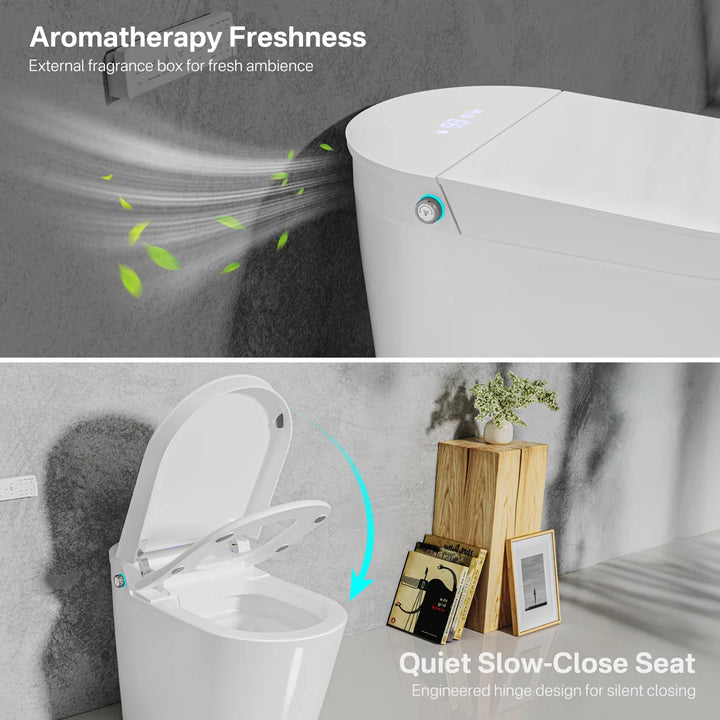 White ceramic one-piece smart toilet with aromatherapy freshness, quiet slow-close seat, side control button and top digital display.
