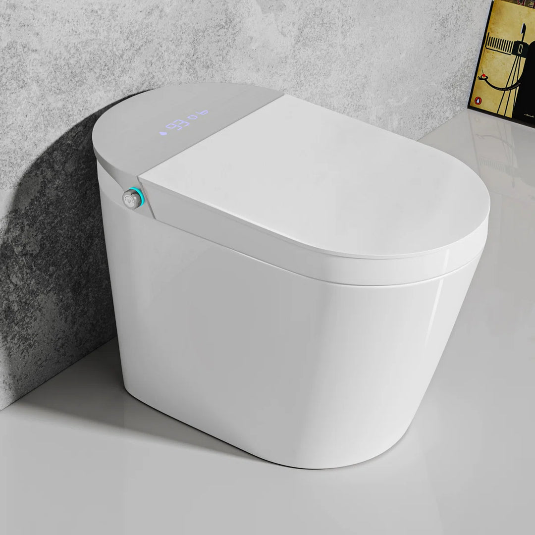 White ceramic one-piece smart toilet with top digital display and side control knob, modern sleek bathroom fixture.