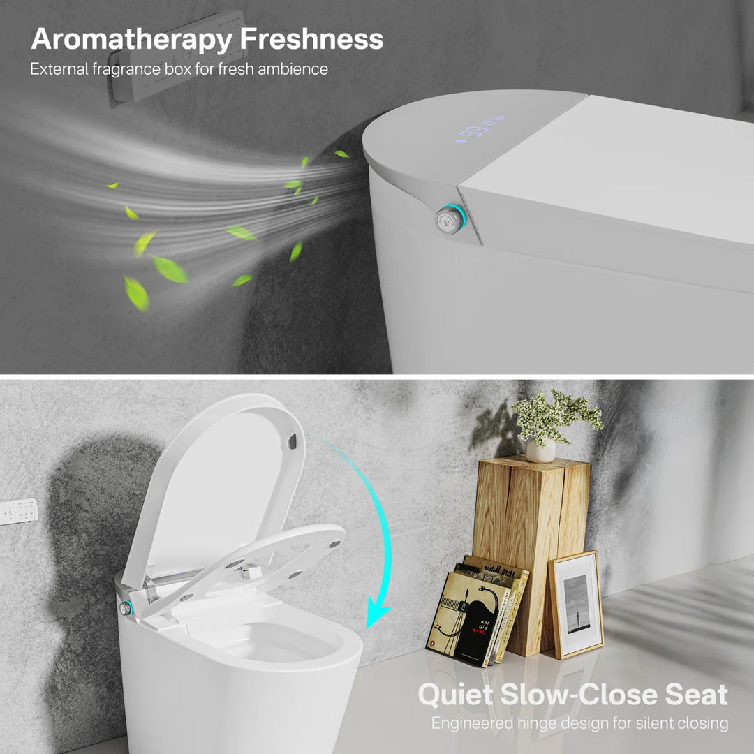 White ceramic one-piece smart toilet with aromatherapy freshness, quiet slow-close seat, side control button and top digital display.