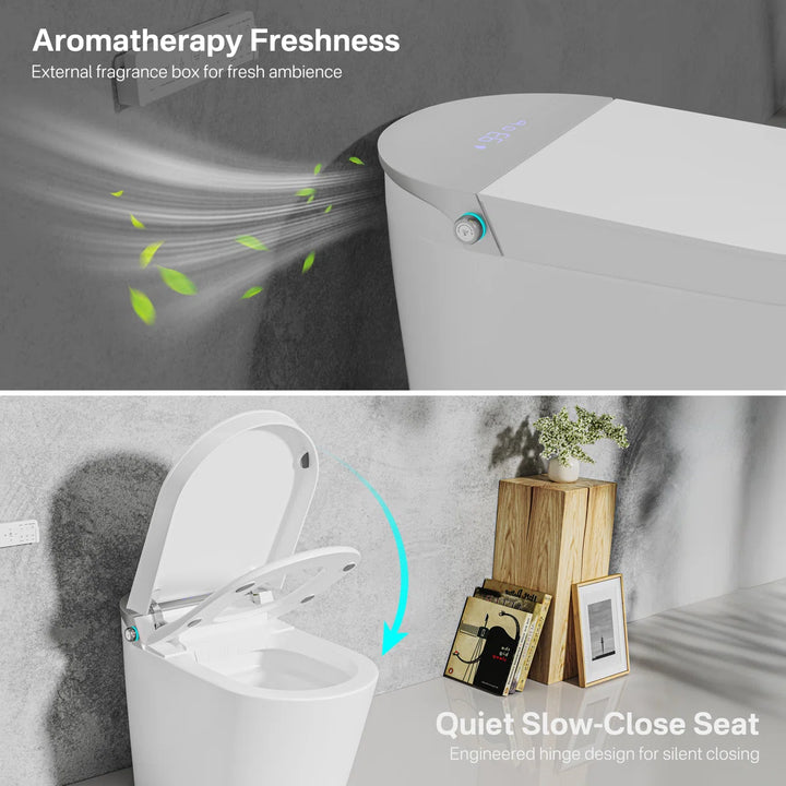 White ceramic one-piece smart toilet with aromatherapy freshness, quiet slow-close seat, side control button and top digital display.