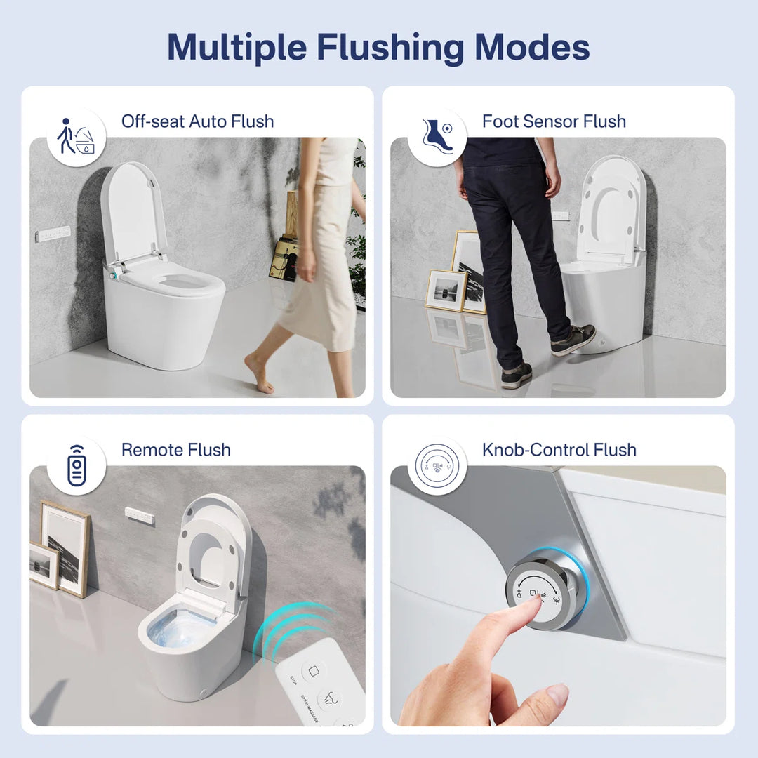 White ceramic smart toilet with multiple flushing modes: off-seat auto, foot sensor, remote and knob-control flush.