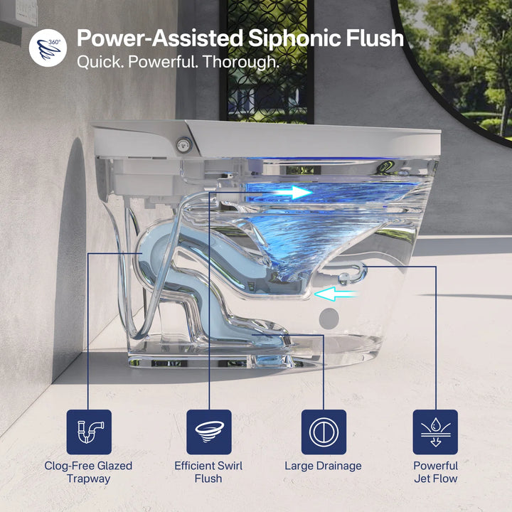 White smart toilet transparent cutaway showcasing power-assisted siphonic flush with clog-free trapway and efficient jet flow.