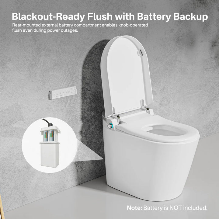White ceramic one-piece smart toilet with battery backup flush and side knob operation for power outages.