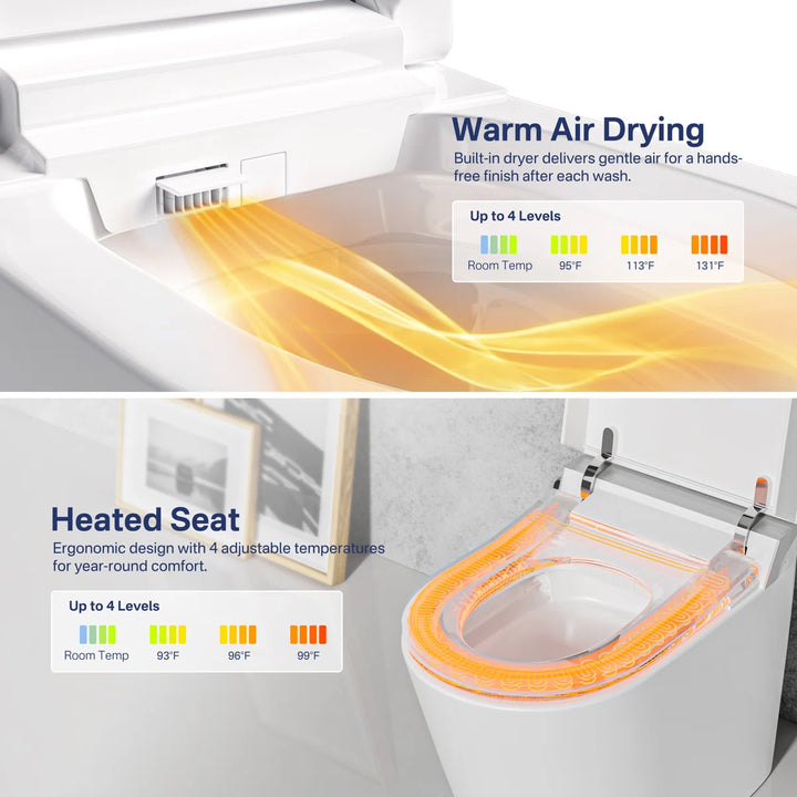 White ceramic smart toilet with 4-level adjustable warm air drying and ergonomic heated seat functions.