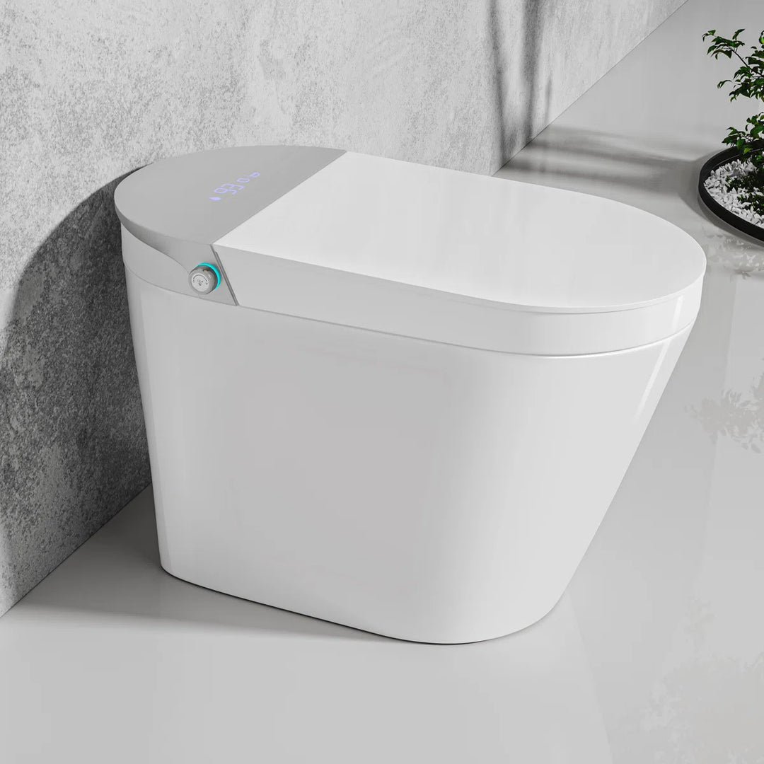 White ceramic one-piece smart toilet with top digital display and side control knob, modern sleek bathroom fixture.