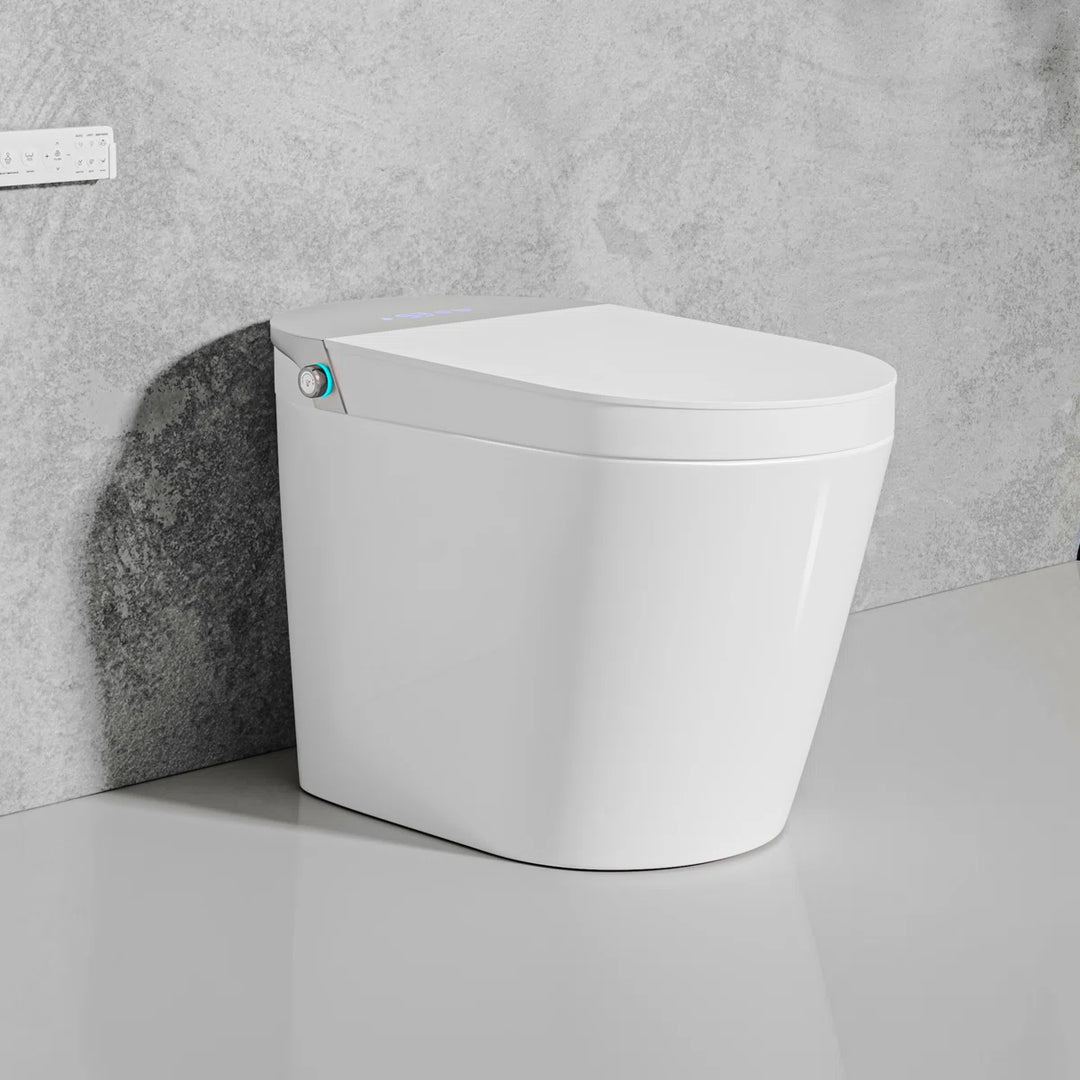 White ceramic one-piece smart toilet with top digital display and side control knob, modern sleek bathroom fixture.