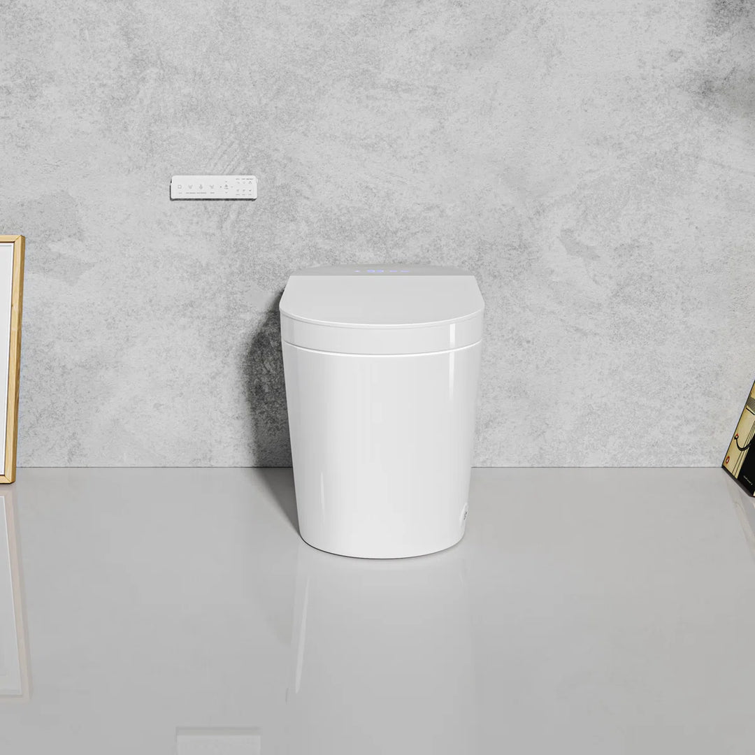 White ceramic one-piece smart toilet with top digital display, sleek compact design.