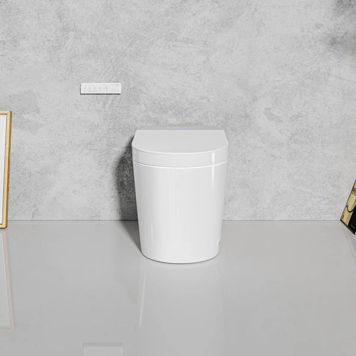 White ceramic one-piece smart toilet with top digital display, sleek compact design.
