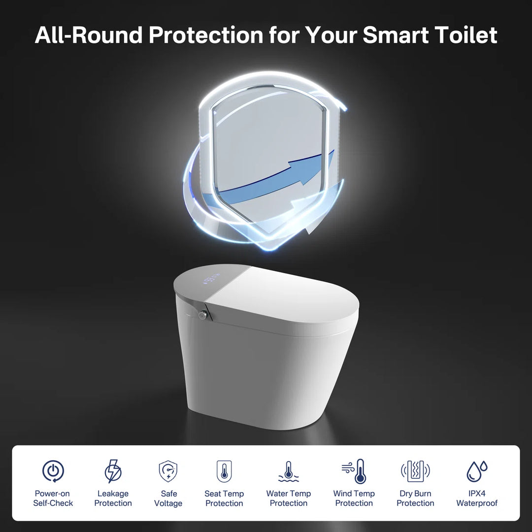 White one-piece smart toilet with all-round safety protections including leakage protection and IPX4 waterproof.