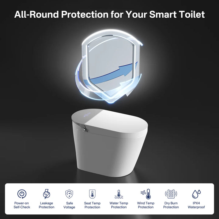 White one-piece smart toilet with all-round safety protections including leakage protection and IPX4 waterproof.