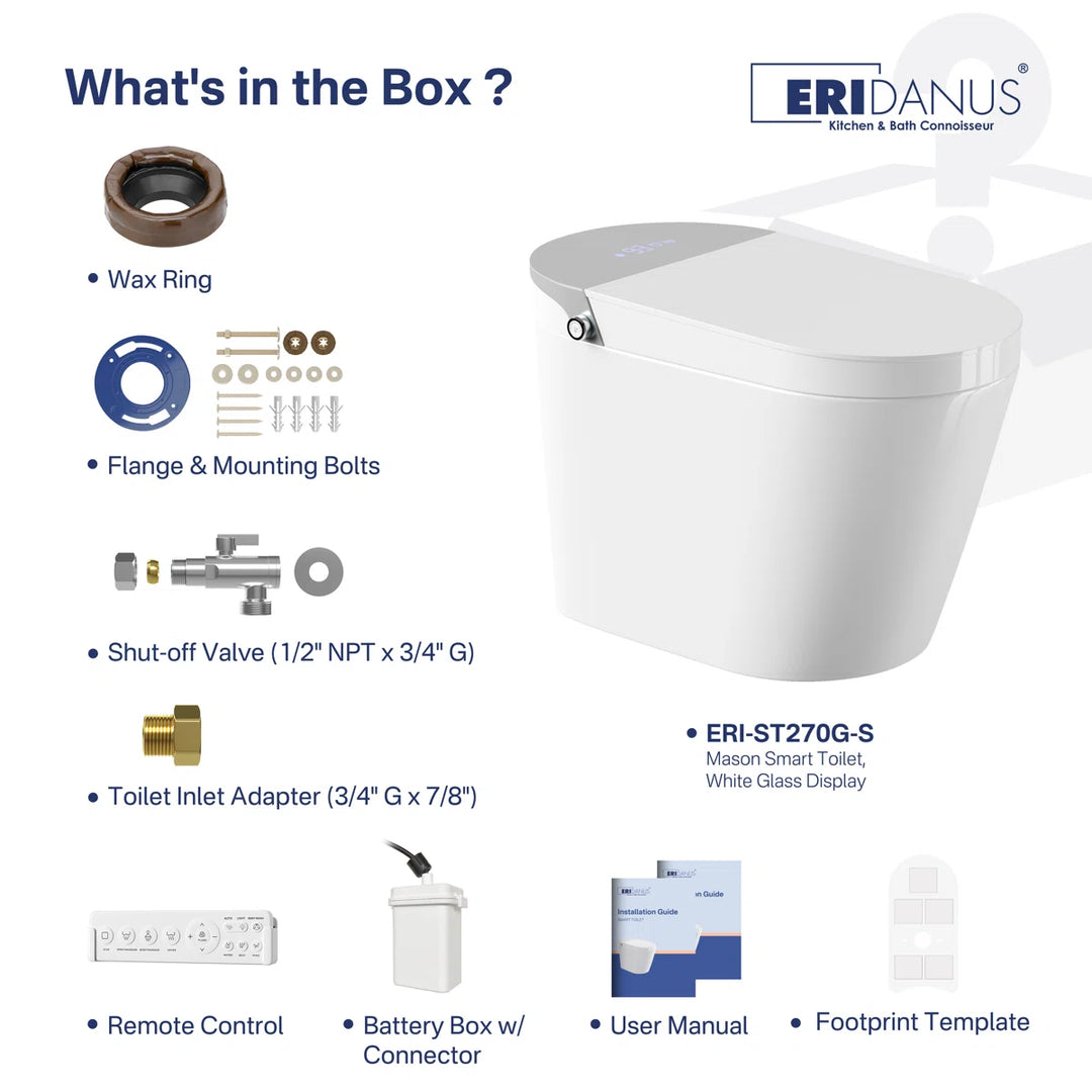 ERIDANUS ERI-ST270G-S white smart toilet with complete installation accessories and components.