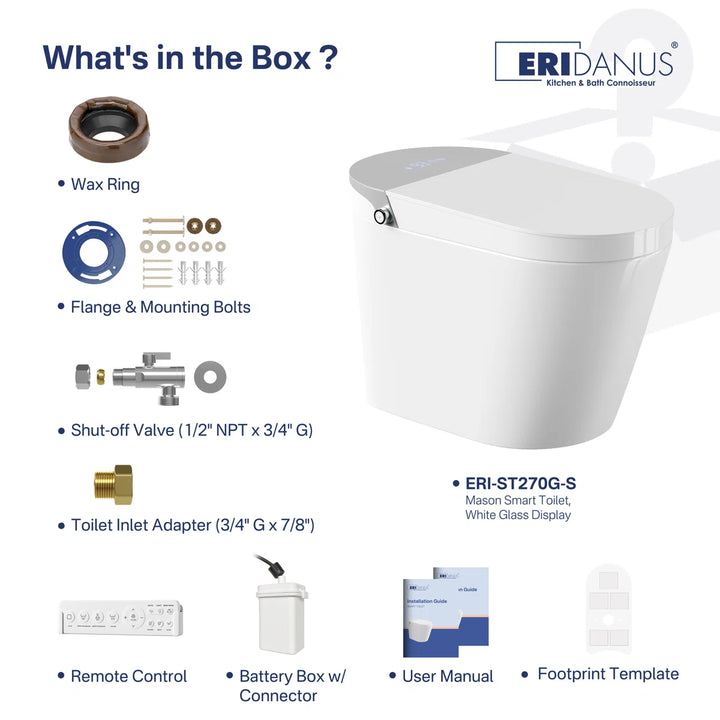 ERIDANUS ERI-ST270G-S white smart toilet with complete installation accessories and components.