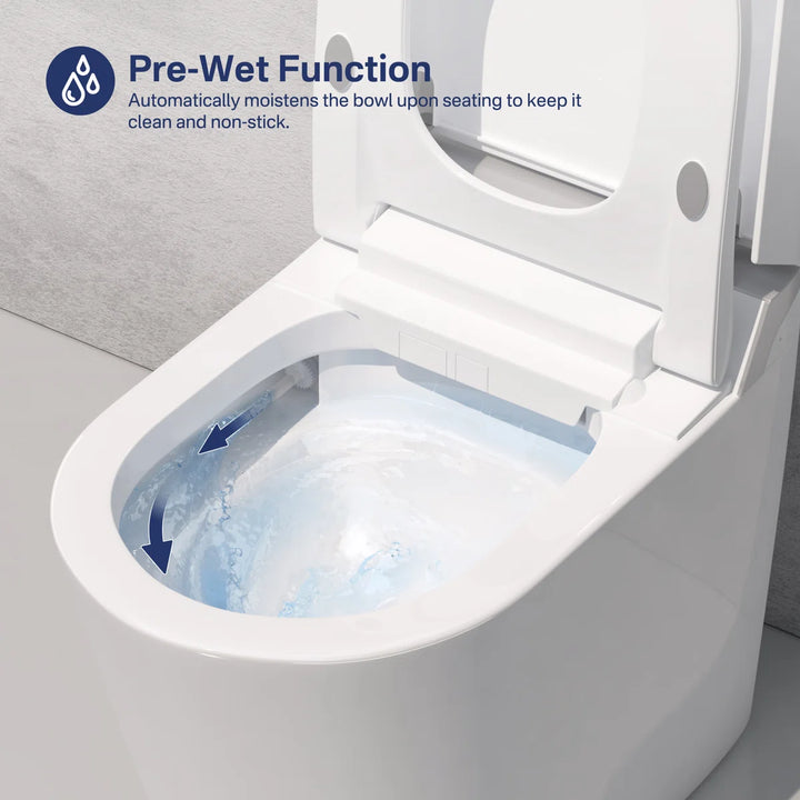 White ceramic smart toilet with pre-wet function that automatically moistens the bowl for non-stick cleaning.