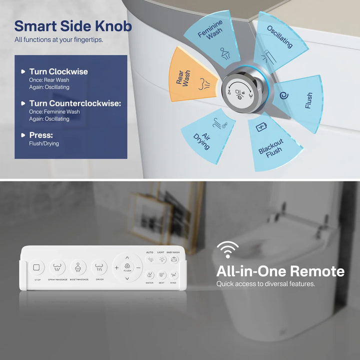 White smart toilet control system: Smart Side Knob and all-in-one remote with wash, dry, flush functions