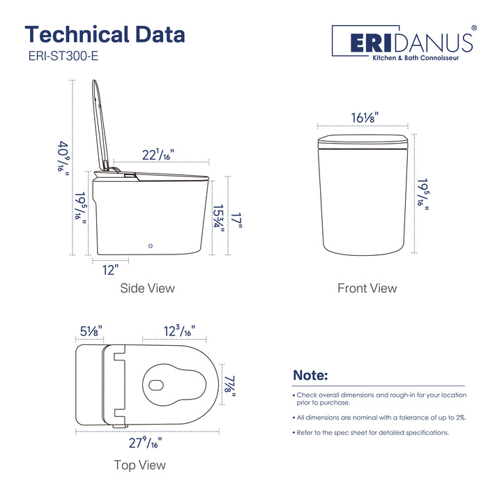 Oslo 17" Comfort Height Smart Toilet with Auto Lid, Foam Shield, UV Nozzle and Feminine Wash