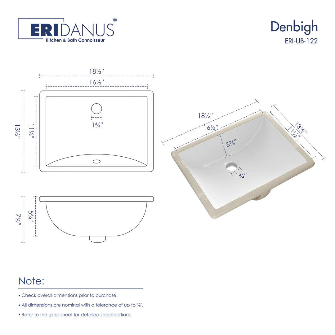 Denbigh 18" Rectangular Undermount Vitreous China Bathroom Sink in White with Overflow