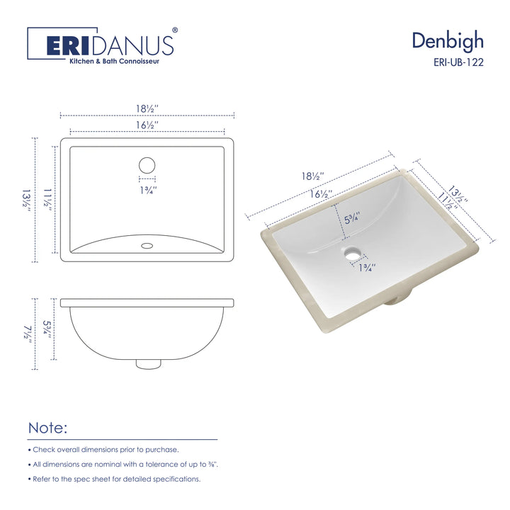 Denbigh 18" Rectangular Undermount Vitreous China Bathroom Sink in White with Overflow