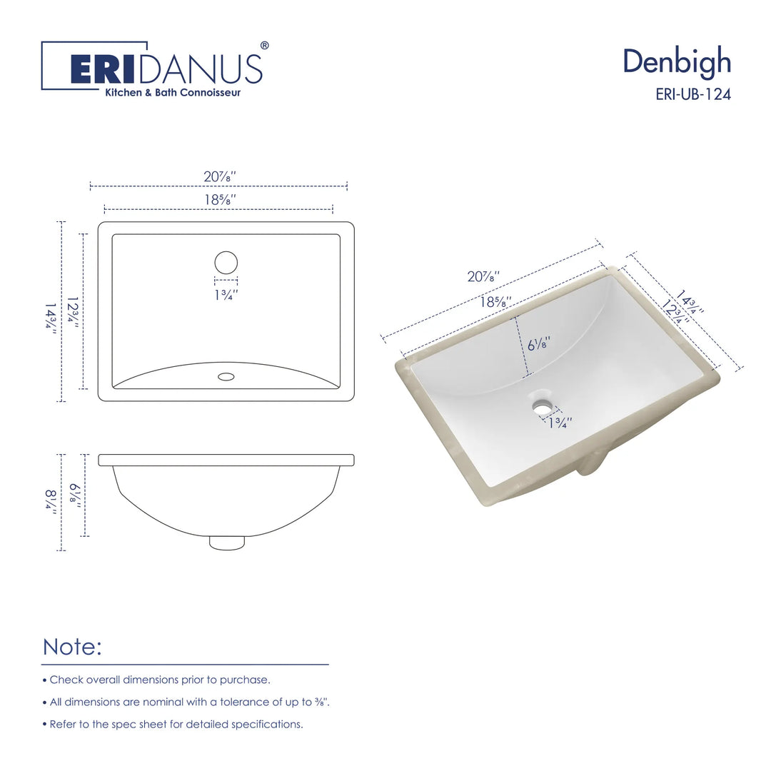 Eridanus Denbigh white rectangular undermount sink dimension chart