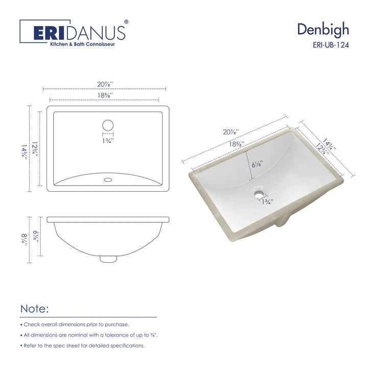 Eridanus Denbigh white rectangular undermount sink dimension chart