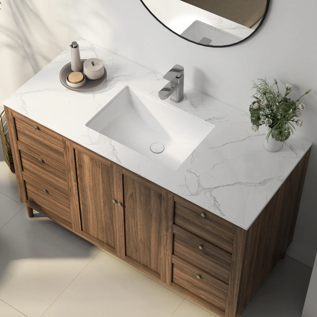 White rectangular undermount ceramic bathroom sink