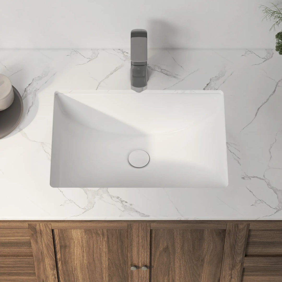White rectangular undermount ceramic bathroom sink