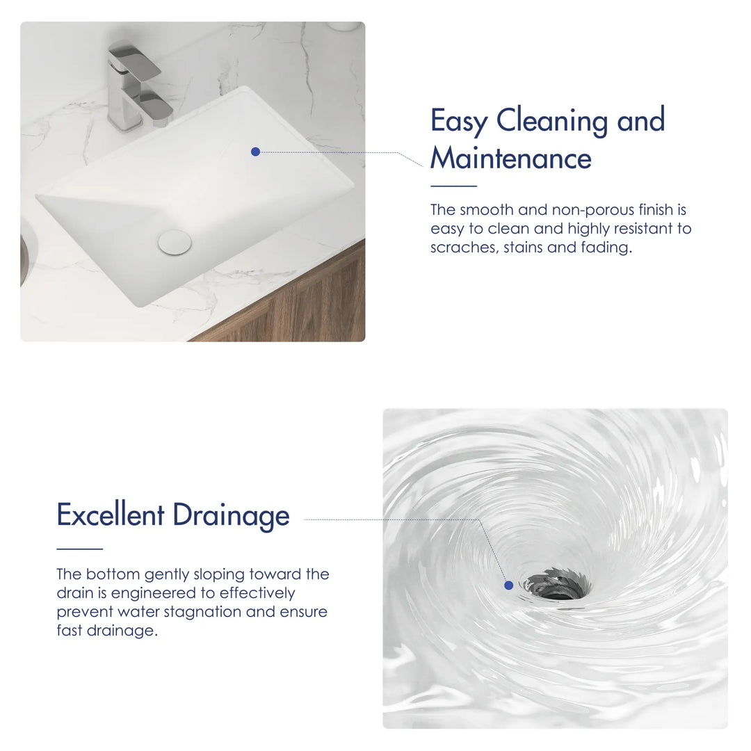 Easy-clean white rectangular undermount sink with sloped drainage bottom