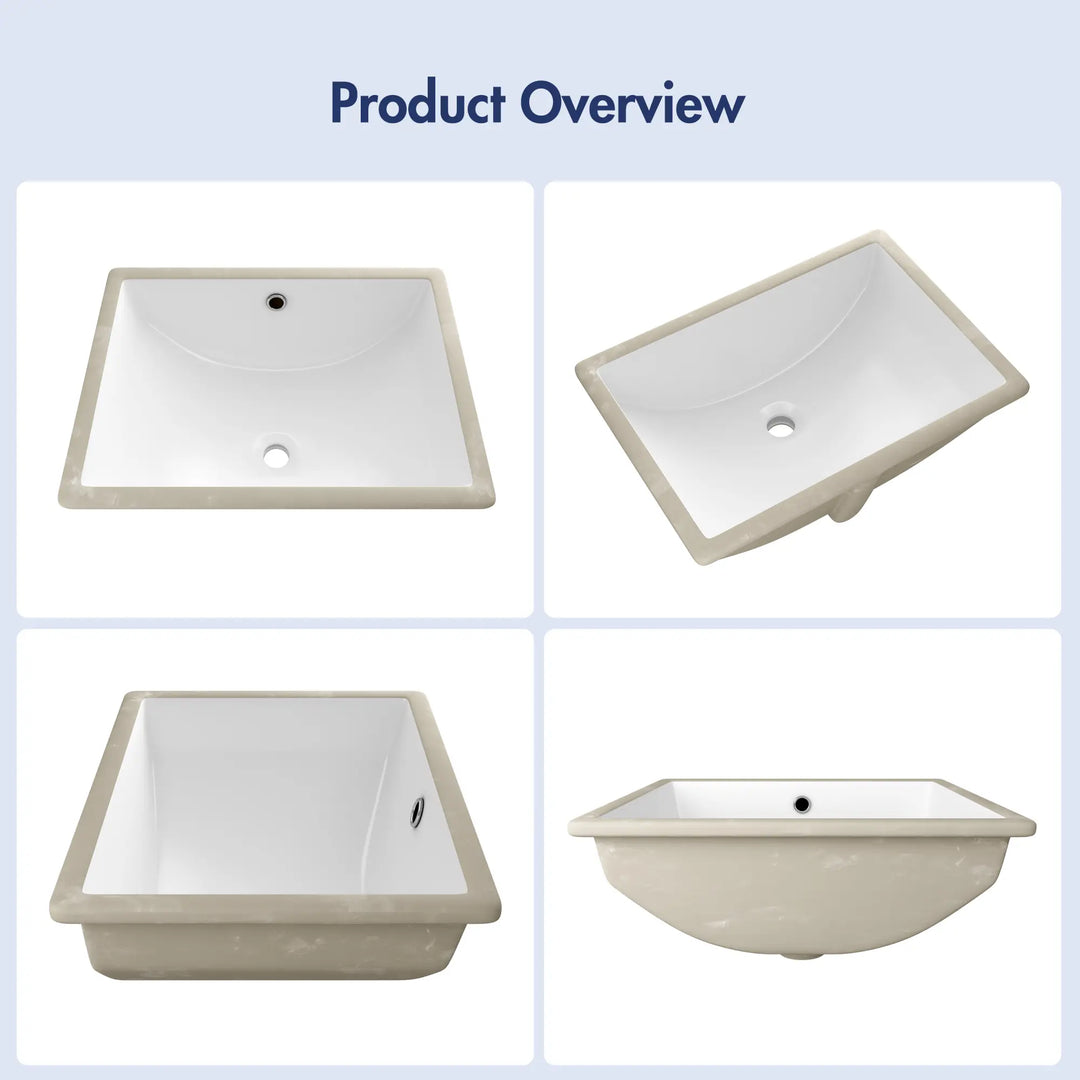 White rectangular ceramic undermount sink multi-angle views