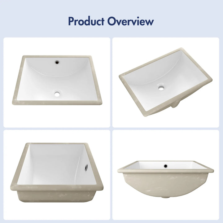 White rectangular ceramic undermount sink multi-angle views