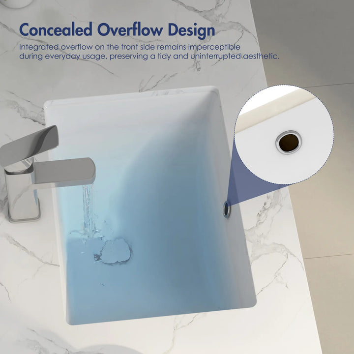 White rectangular undermount sink with concealed front overflow
