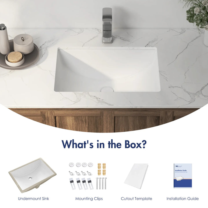 White rectangular undermount sink with mounting kit and guide