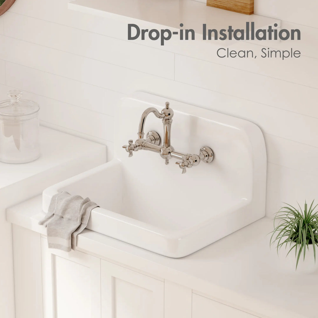 White high back vitreous china drop-in farmhouse sink