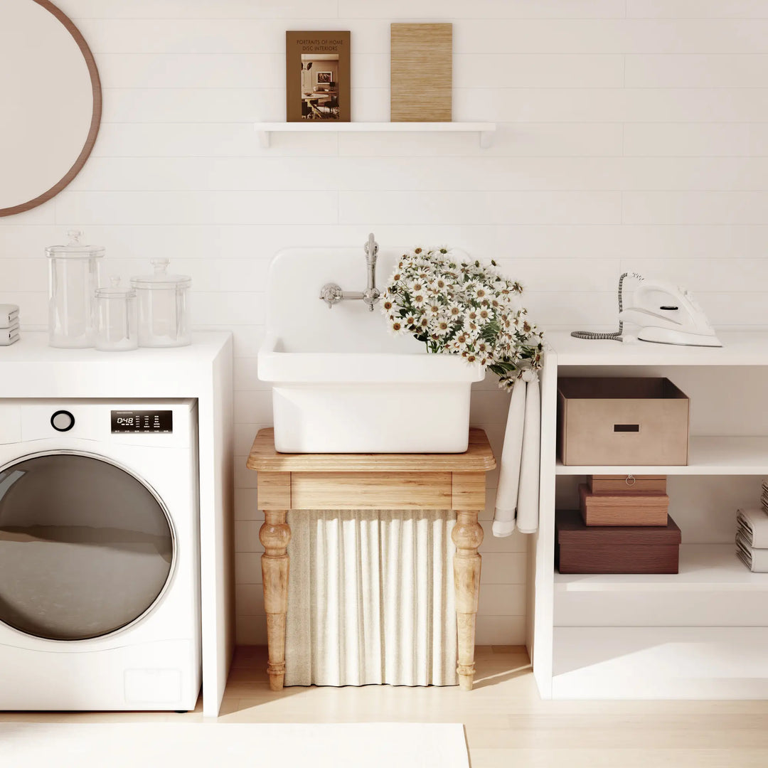 White high back vitreous china wall-mount farmhouse laundry sink