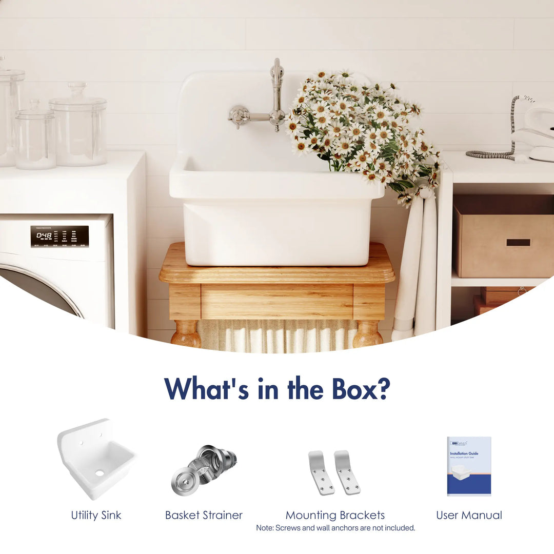 White high back utility sink with basket strainer and wall brackets