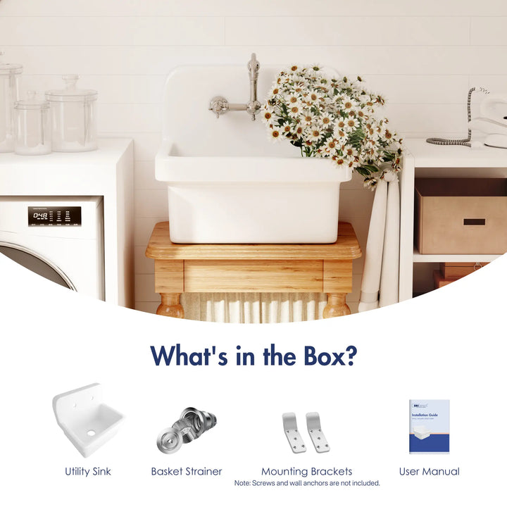White high back utility sink with basket strainer and wall brackets