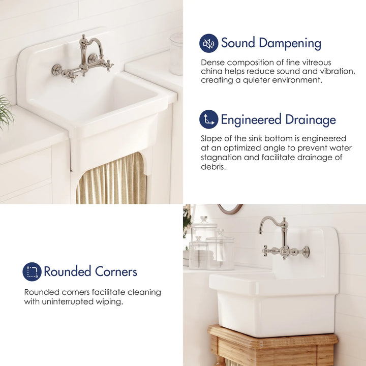 White vitreous china laundry sink with sound dampening and drainage