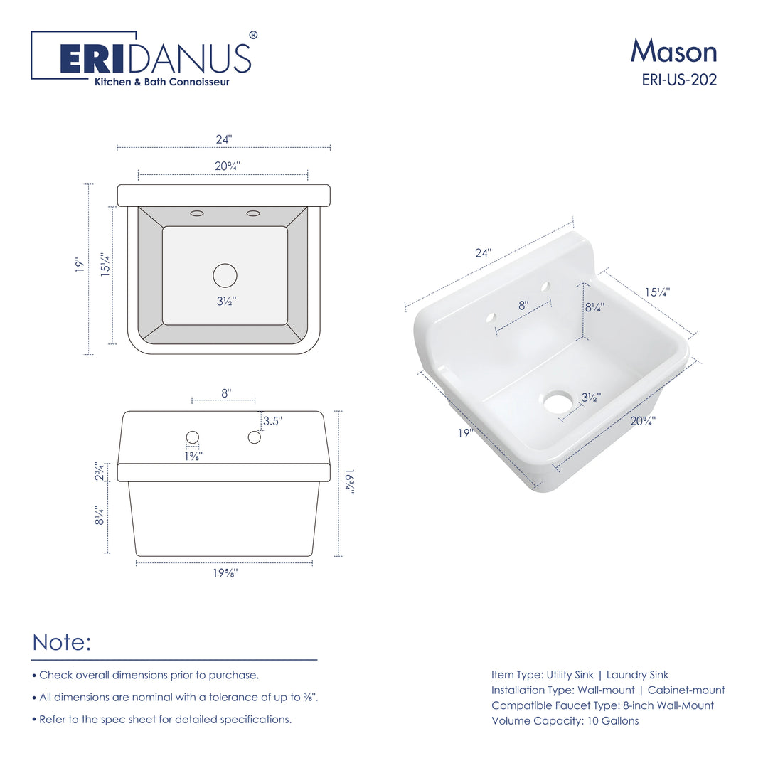 Mason 24" Ceramic Wall Mount / Deck Mount Laundry Utility Sink in Crisp White