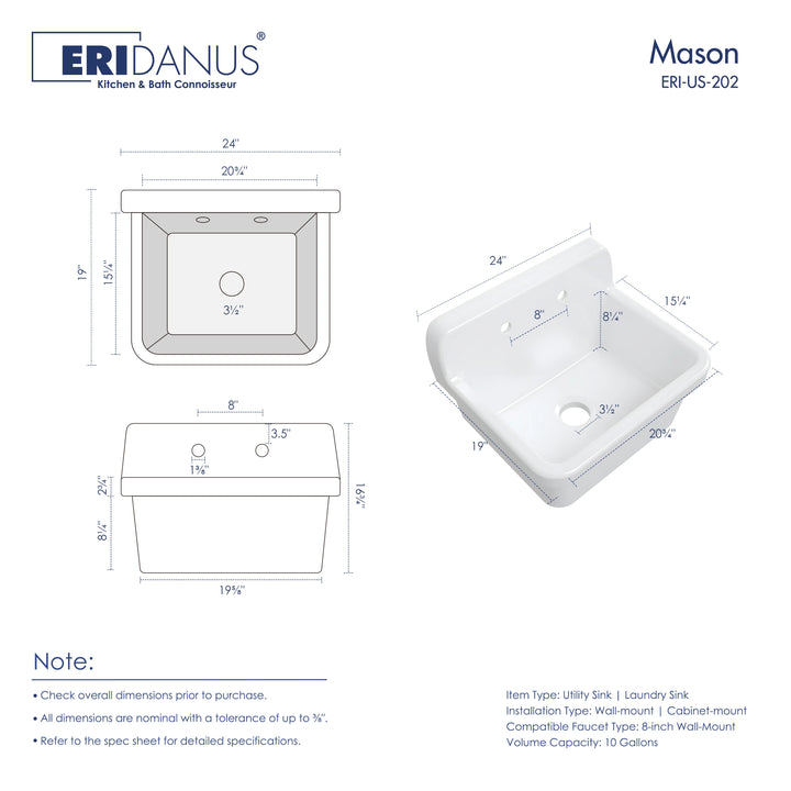 Mason 24" Ceramic Wall Mount / Deck Mount Laundry Utility Sink in Crisp White