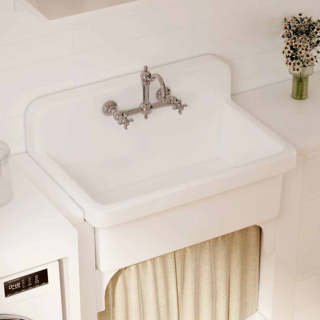 White high back vitreous china farmhouse apron utility sink
