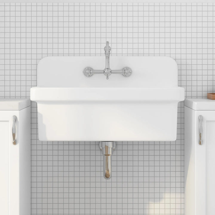 White vitreous china high back wall-mount farmhouse utility sink