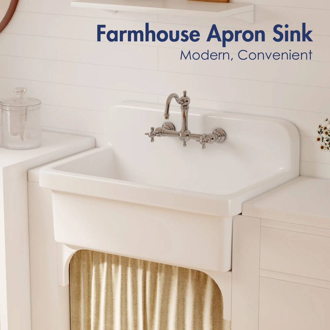 White high back vitreous china farmhouse apron sink