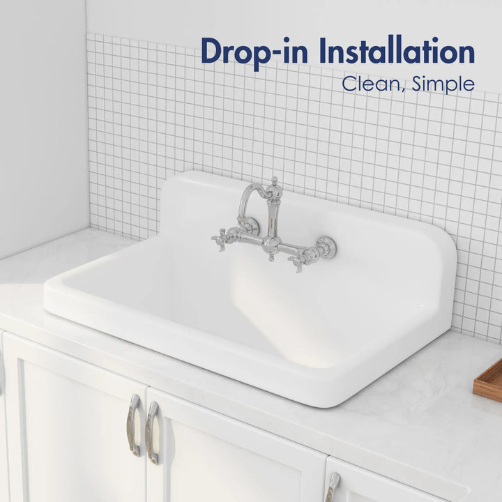 White high back vitreous china drop-in farmhouse sink