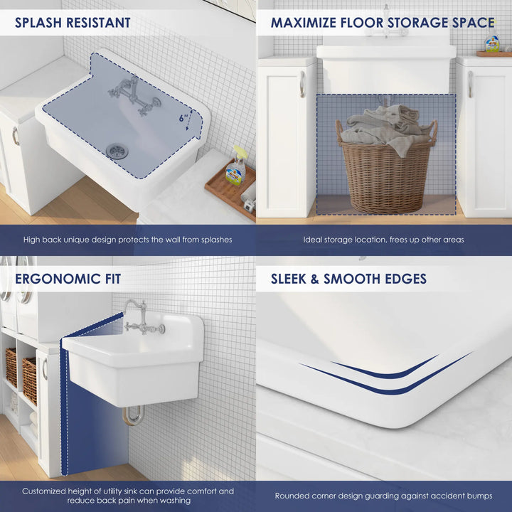 White high back wall-mount sink with splash guard and smooth edges